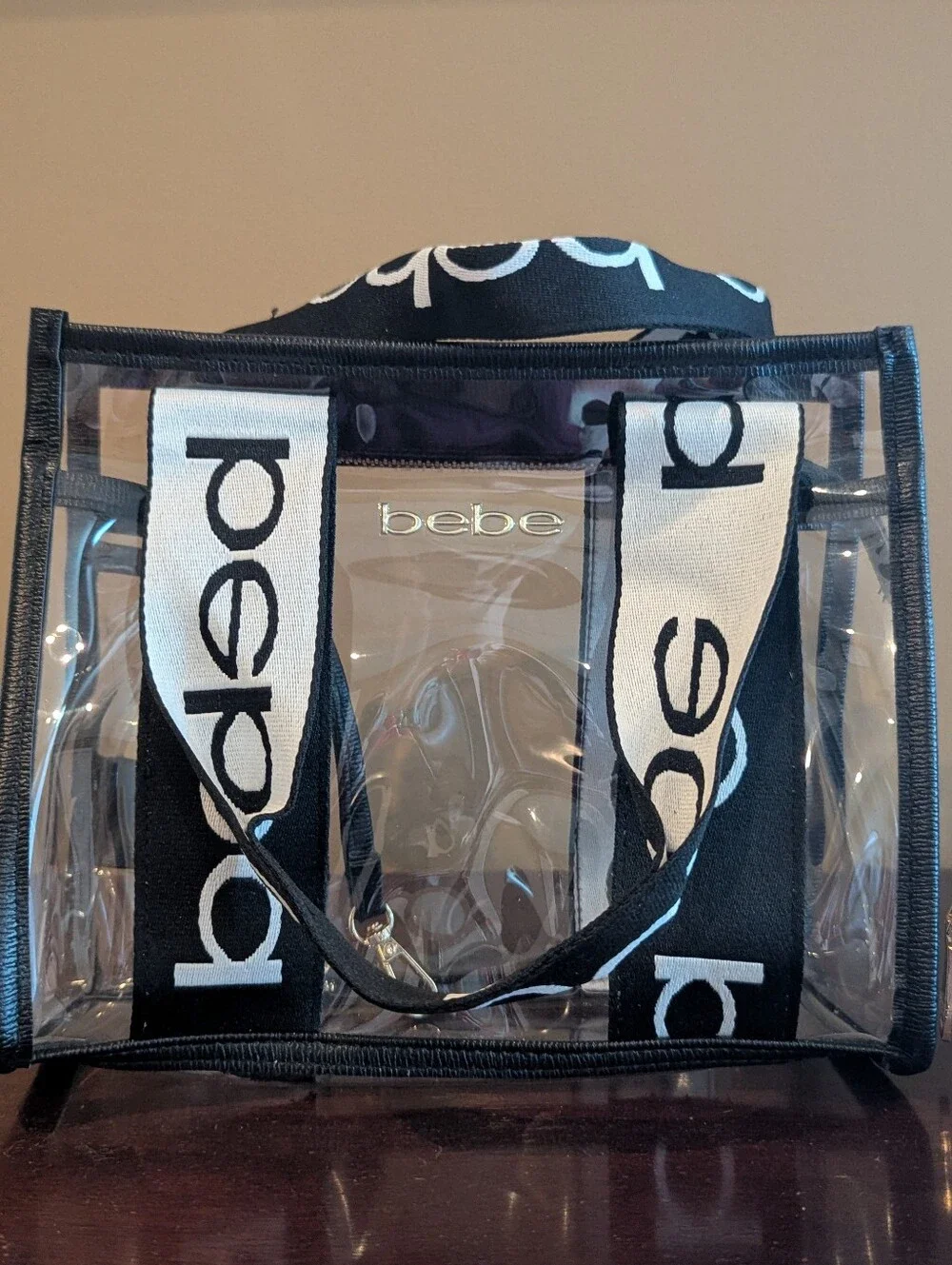 bebe Clear PVC Logo Tote & Cosmetic Pouch Set Black White Gold